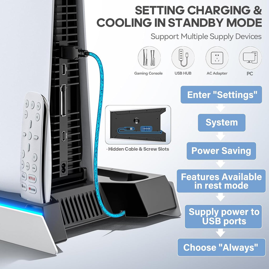 Soporte PS5/Slim/Pro para disco y consola digital, estación de refrigeración y carga PS5 con luces RGB, cargador de controlador PS5 integrado de 3 niveles y ventilador ajustable automático, accesorios