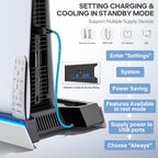 Soporte PS5/Slim/Pro para disco y consola digital, estación de refrigeración y carga PS5 con luces RGB, cargador de controlador PS5 integrado de 3 niveles y ventilador ajustable automático, accesorios