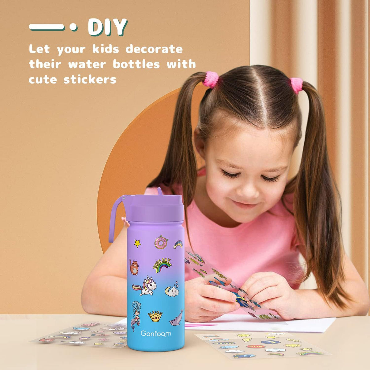 Gonfoam Botella de agua aislada de acero inoxidable para niños de 16 onzas