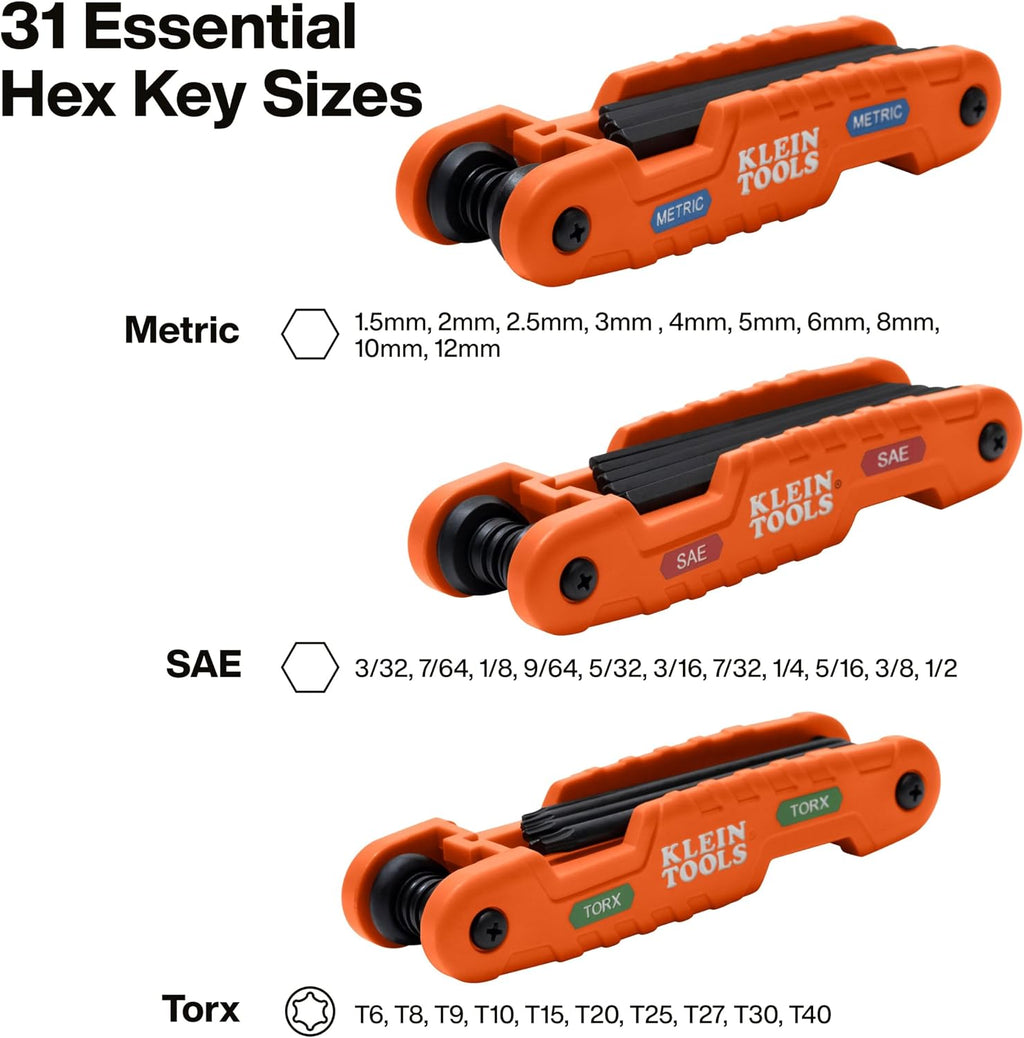 Klein Tools 70553 Juego de llaves hexagonales plegables Pro de 3 piezas, métricas, SAE, tamaños Torx, 31 llaves, acero de aleación tratado térmicamente de resistencia industrial