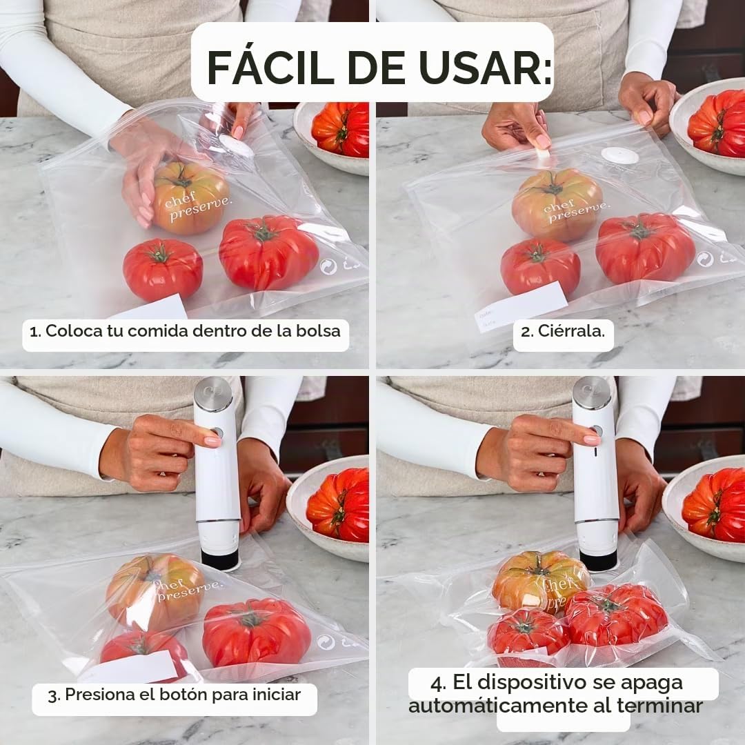 Chef Preserve Sellador al Vacío Compacto para Alimentos (Máquina Selladora al Vacío + 30 Bolsas al Vacío Reutilizables) Potente Máquina Selladora al Vacío Portátil, Sellador de Comida Portátil
