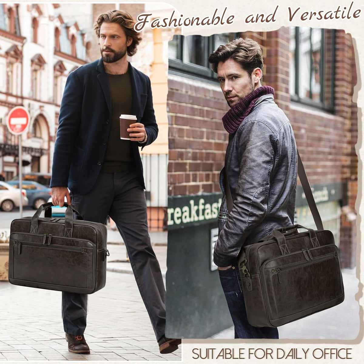 RAINSMORE Bolsa de hombro para computadora portátil de 16 pulgadas para hombres, maletín de cuero vintage, bolsa de mensajero para hombres de gran tamaño, bolsa de hombro cruzada para oficina, bolsa
