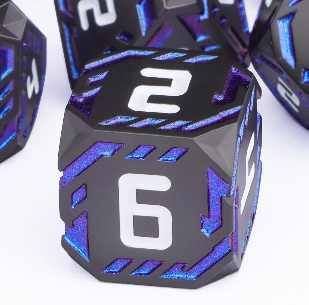 Juego de dados de ciencia ficción DND de metal, 7 dados poliédricos luminosos a rayas naranjas para Dungeons Dragons RPG, dados D y D con purpurina con caja de regalo D6 D8 D10 D12 D20