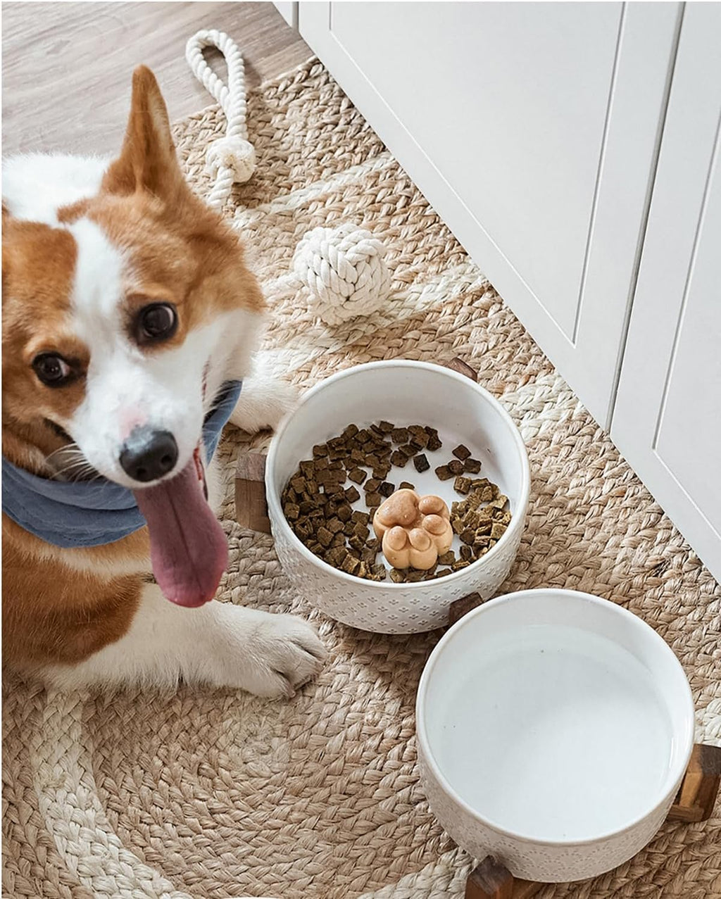 LE TAUCI Cuencos de cerámica para perros con soporte de madera de acacia, juego de alimentos y agua de 7 pulgadas para perros medianos, cuencos con peso para mascotas
