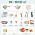 Juego de cocina de madera, juguetes de accesorios de cocina de simulación para niños y niños pequeños, incluye platos de juego, olla y sartén, utensilios, regalos para niñas y niños de 3, 4
