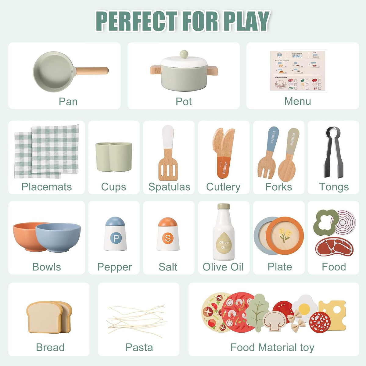Juego de cocina de madera, juguetes de accesorios de cocina de simulación para niños y niños pequeños, incluye platos de juego, olla y sartén, utensilios, regalos para niñas y niños de 3, 4