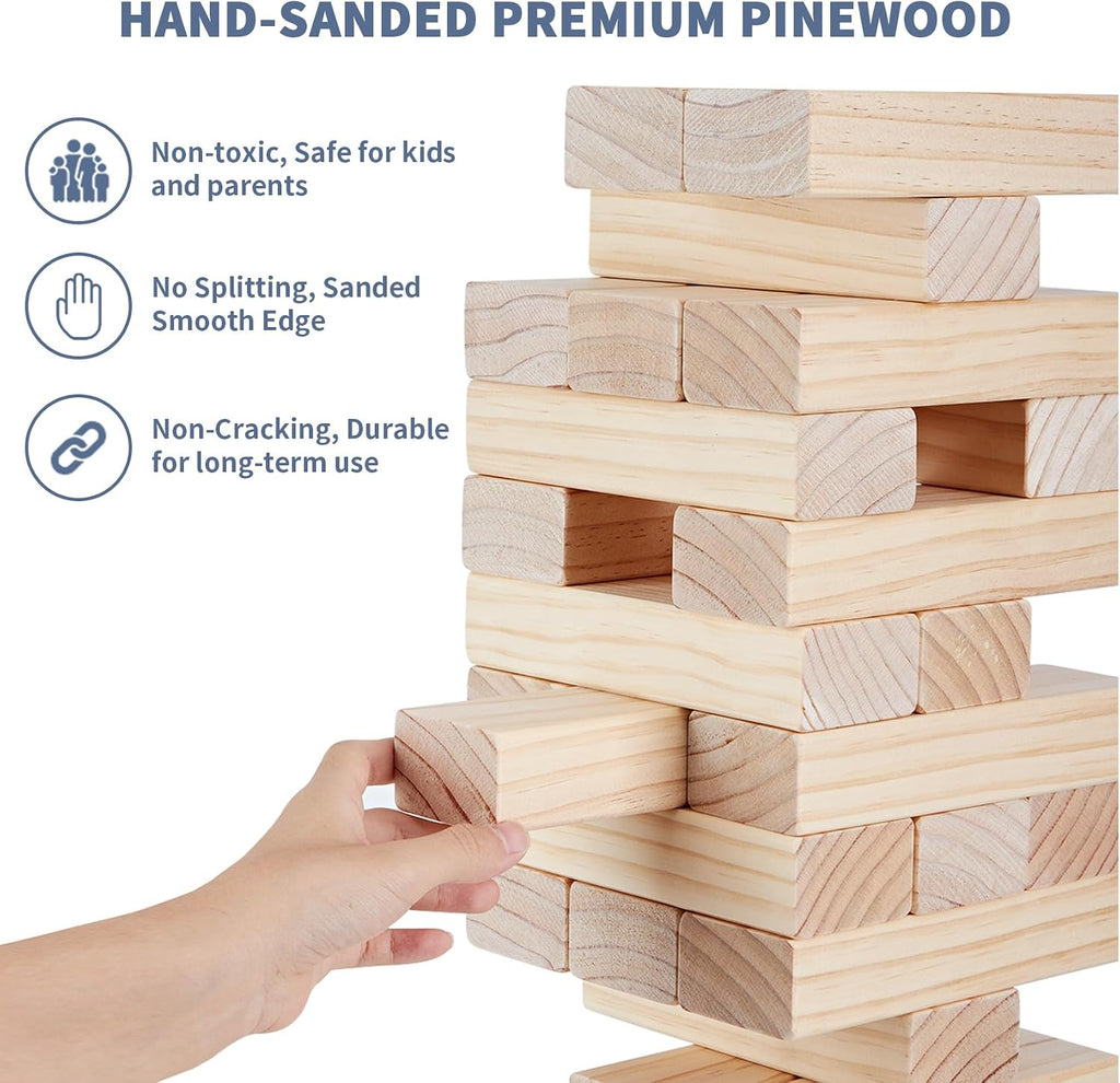 Megwoz- Torre gigante de más de 5 pies de alto, juego de apilar, 60 bloques de madera de pino de Nueva Zelanda; p/interiores/exteriores, fiesta de cumpleaños, para adultos y niños de todas las edades