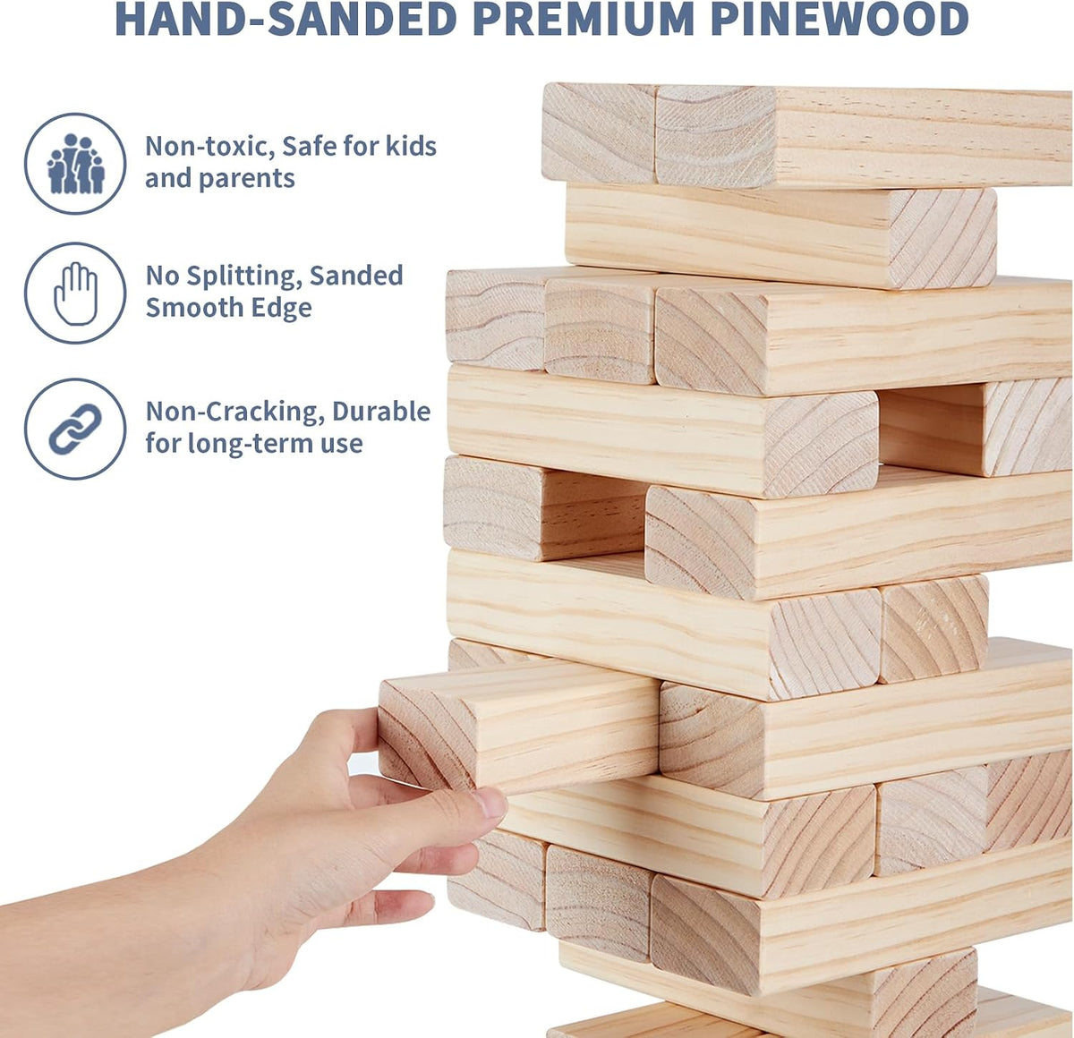 Torre gigante de hasta de 5 pies de alto, juego de apilar, 57 bloques de madera de pino de Nueva Zelanda; p/interiores/exteriores, fiesta de cumpleaños, p/adultos y niños de todas las edades