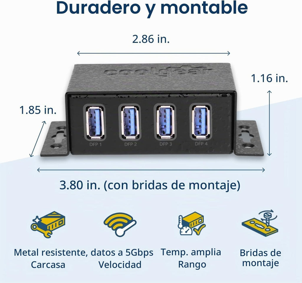 Coolgear, CG-U3MINI4PH, hub USB 3.2 de 4 puertos, alimentado, adaptador 5V/4A