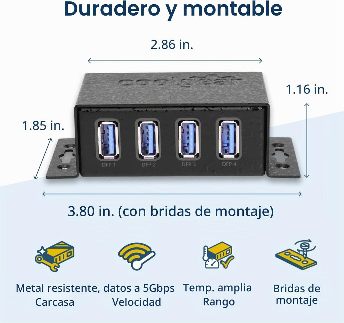 Coolgear, CG-U3MINI4PH, hub USB 3.2 de 4 puertos, alimentado, adaptador 5V/4A