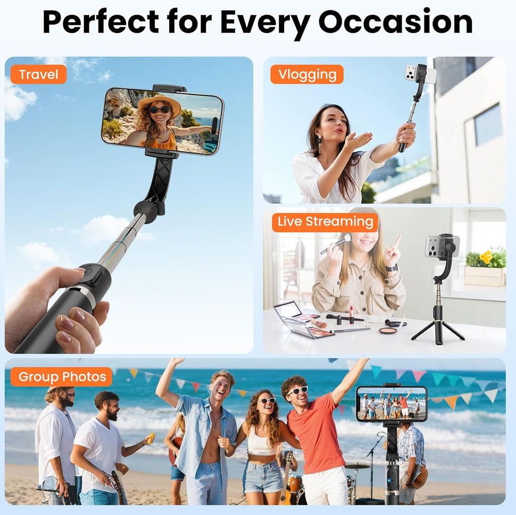 Estabilizador de cardán para smartphone, cardán de mano de equilibrio automático de 1 eje, trípode extensible giratorio de 360°, control remoto inalámbrico para iPhone, Android, viajes