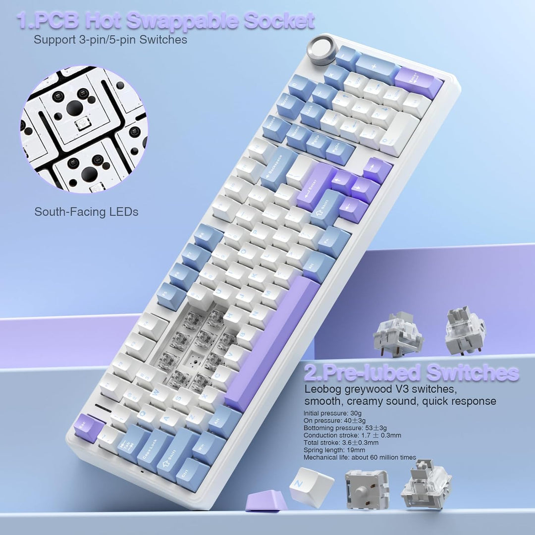 Teclado mecánico inalámbrico AULA F99 Pro con perilla, sonido cremo...