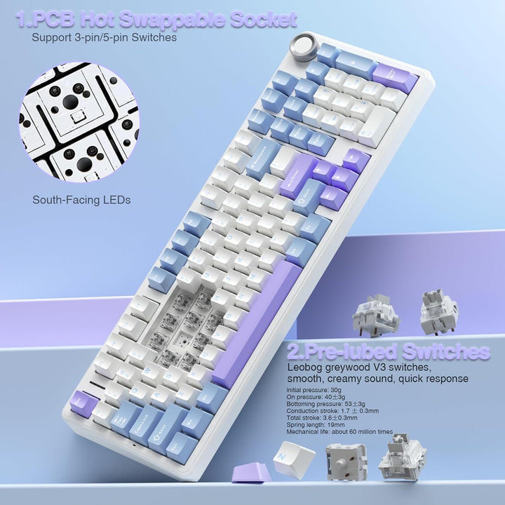 Teclado mecánico inalámbrico AULA F99 Pro con perilla, sonido cremo...