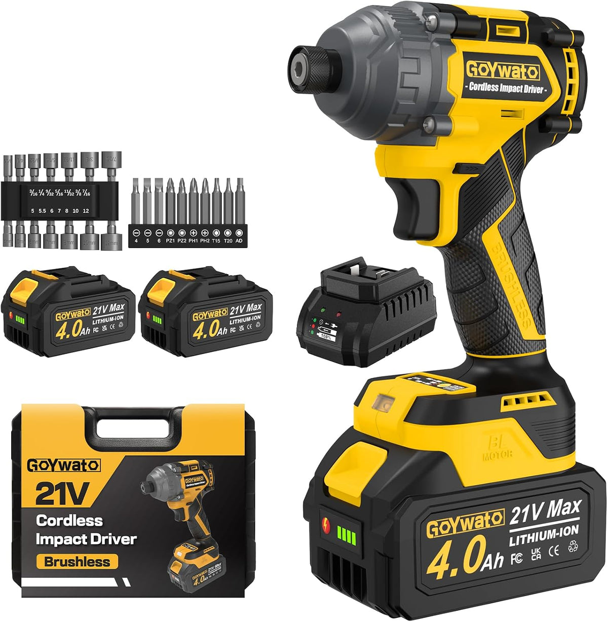 Controlador de impacto inalámbrico 2655 lb-in (300 N·m) - 21 V 1/4" Portabrocas hexagonal controlador de impacto manual sin escobillas con 2 baterías de 4.0 Ah y cargador y juego de 14