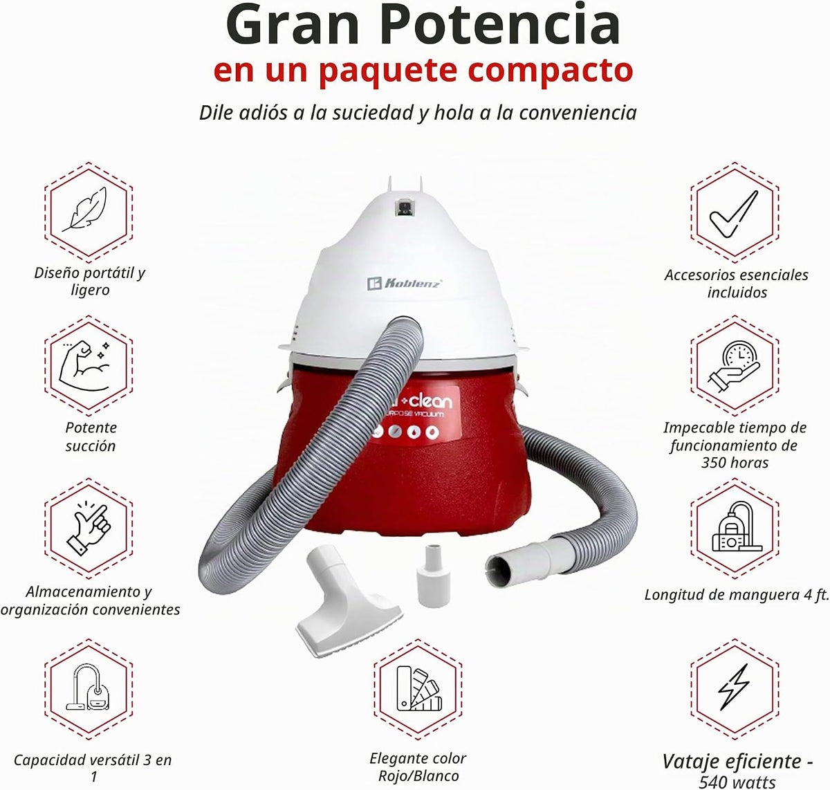 Koblenz WD-355K2 Aspiradora portátil de soplado húmedo y seco, tanque de 3 galones, 2.0 HP Designer Series Aspiradora con varios accesorios, rojo/blanco, 5 años de garantía