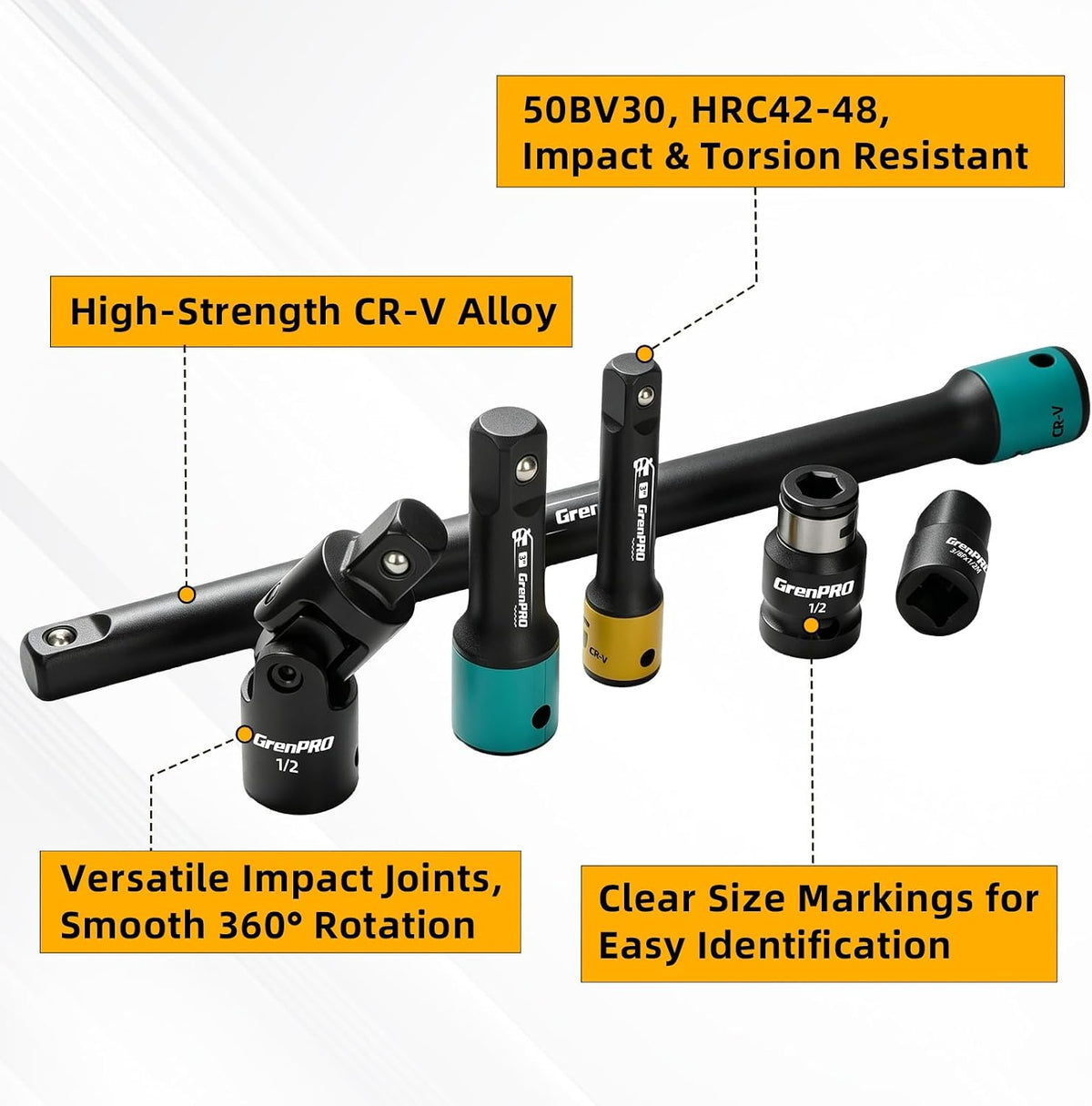 Juego de extensión de impacto 50BV30 de 19 piezas con barras, juntas giratorias, acoplador y adaptadores de unidad de 1/2", 1/4", 3/8"