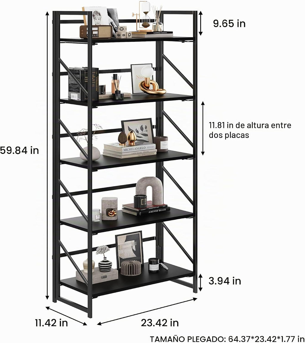 JSB Estantería Plegable Sin Montaje, Estante de Libros de Metal Industrial de 5 Niveles para Almacenamiento, Estantería Plegable de Madera Vintage para Sala de Estar, Dormitorio, Estantes de