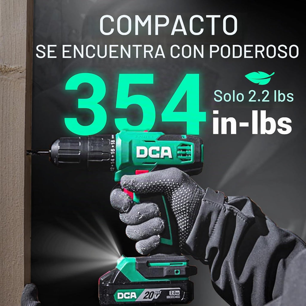 DCA Juego de martillo inalámbrico de 20 V, par de 354 in-libra, portabrocas sin llave de 1/2 pulgada, 22500 IPM, 2 velocidades variables, posición 18+1+1, taladro de impacto de potencia con 14 brocas