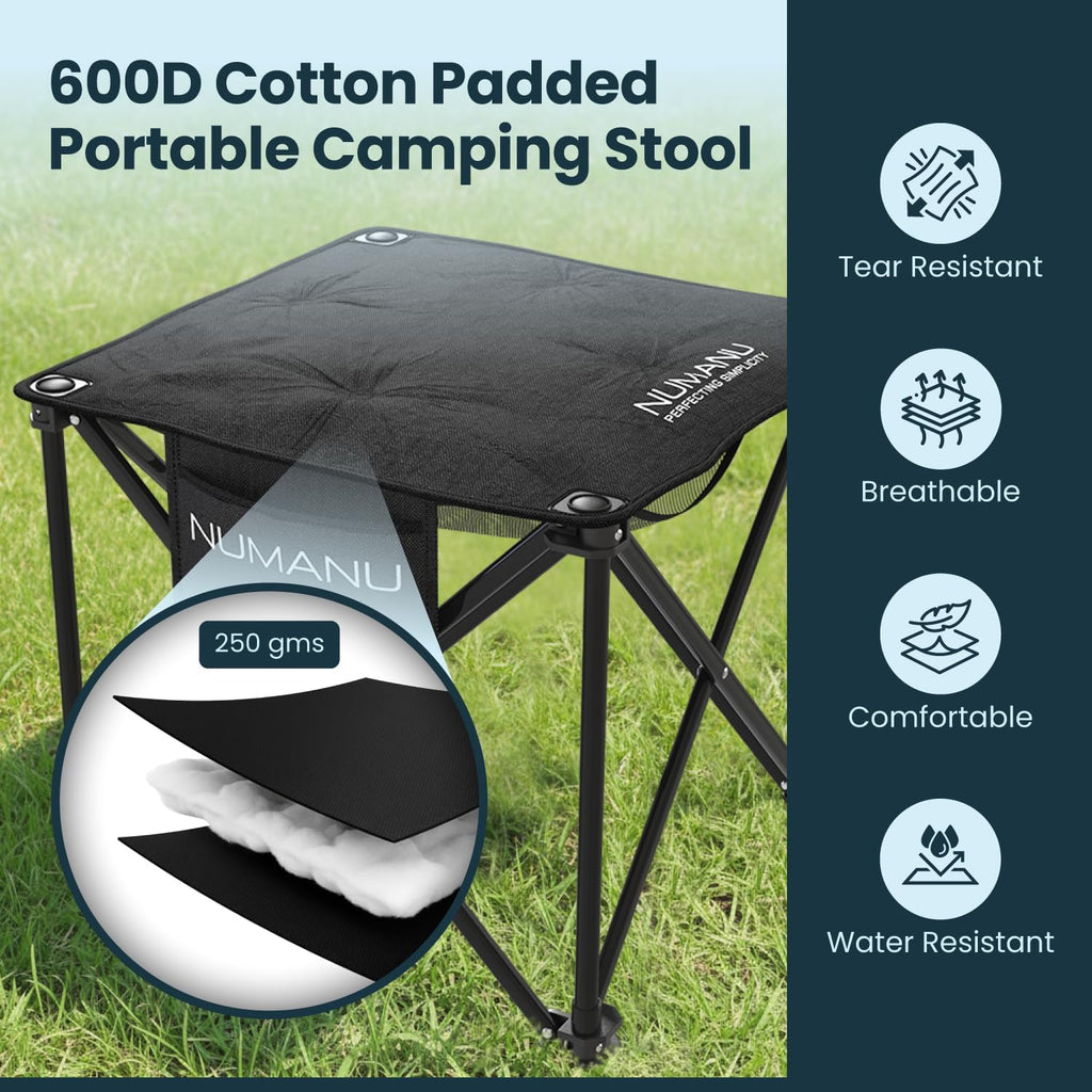 Taburete de campamento plegable acolchado para adultos, reposapiés y