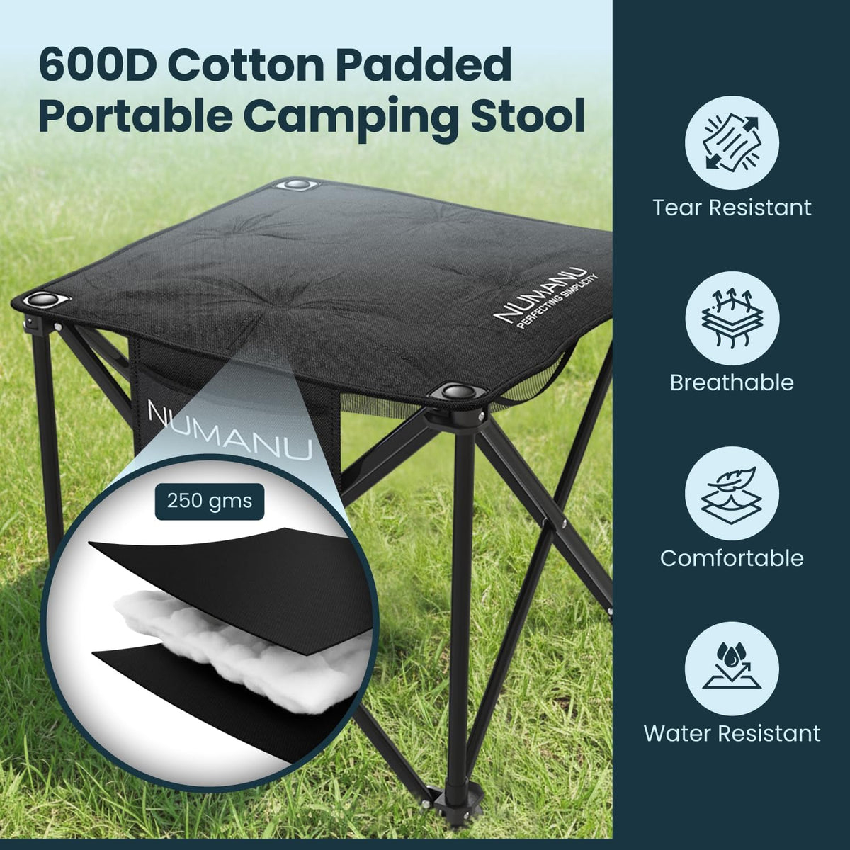 Taburete de campamento plegable acolchado para adultos, reposapiés y