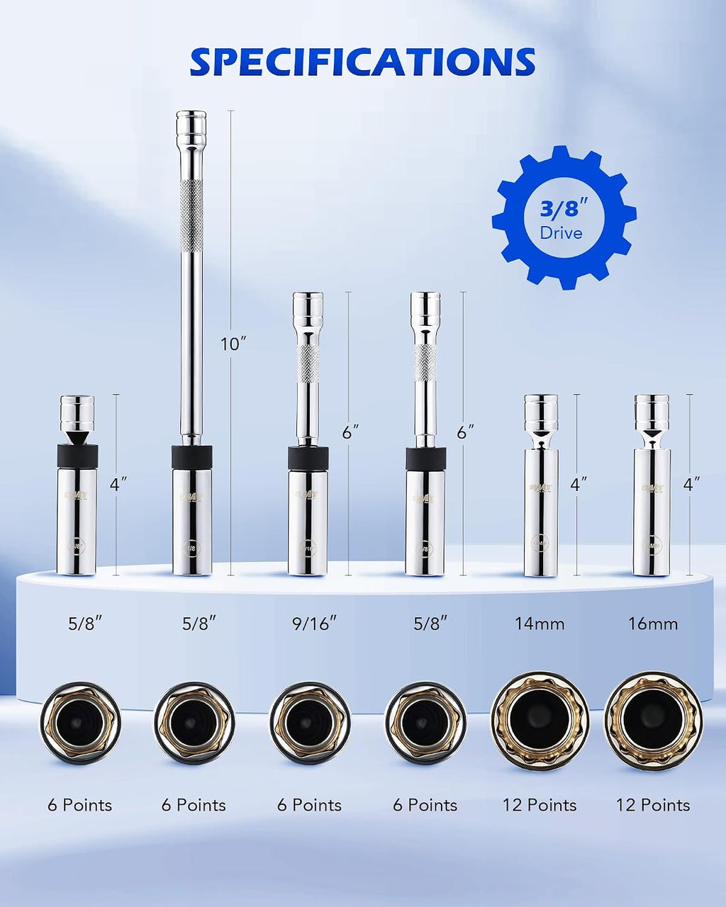 OMT 6pc 3/8" Drive Bujías Juego de llaves de bujía con pared giratoria y