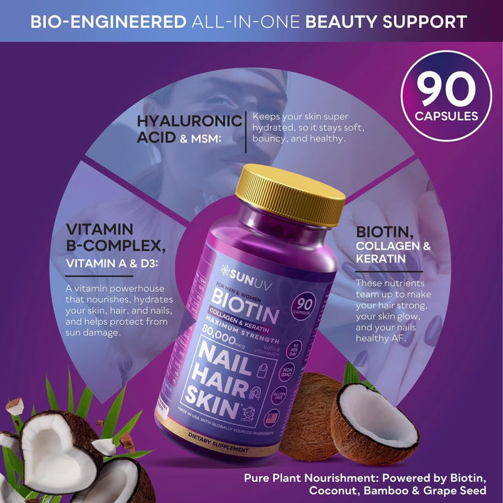 SUNUV Biotina 10,000 mcg | Colágeno | Queratina - 80,000 mcg Vitami...