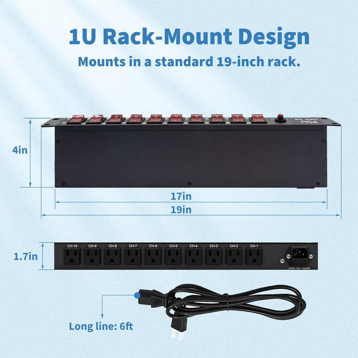 1U PDU Horizontal Rackmount Power Strip - Overload Protector