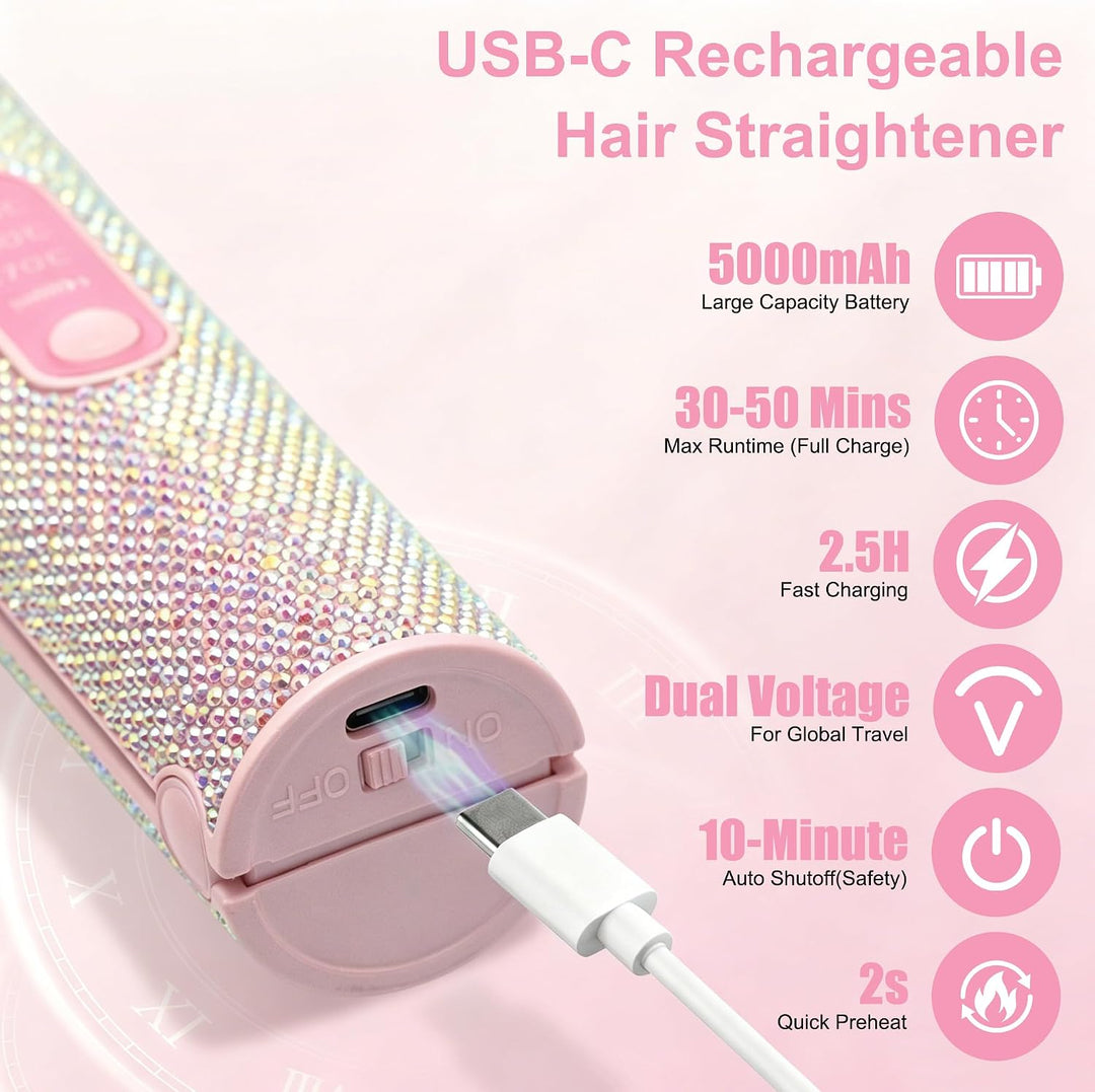 HUAJUN 2-in-1 Cordless Mini Travel Hair Straightener Curler Flat Ir...