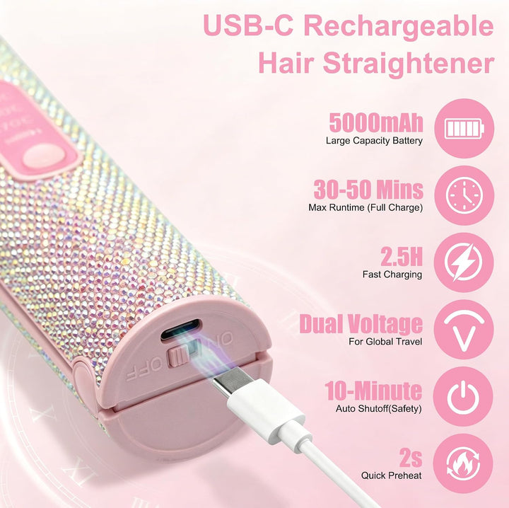 HUAJUN 2-in-1 Cordless Mini Travel Hair Straightener Curler Flat Ir...