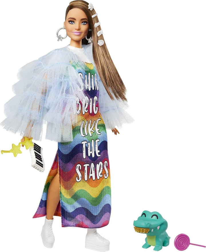 Barbie Muñeca extra y accesorios con pelo largo morena y clips bril...