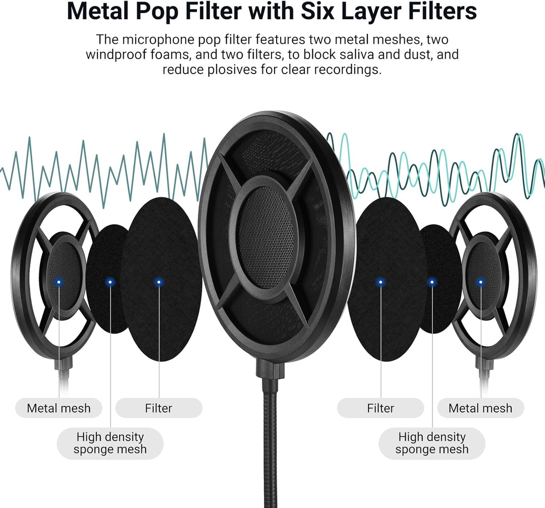 NEEWER Filtro de metal pop para micrófono, seis capas de espuma pro...