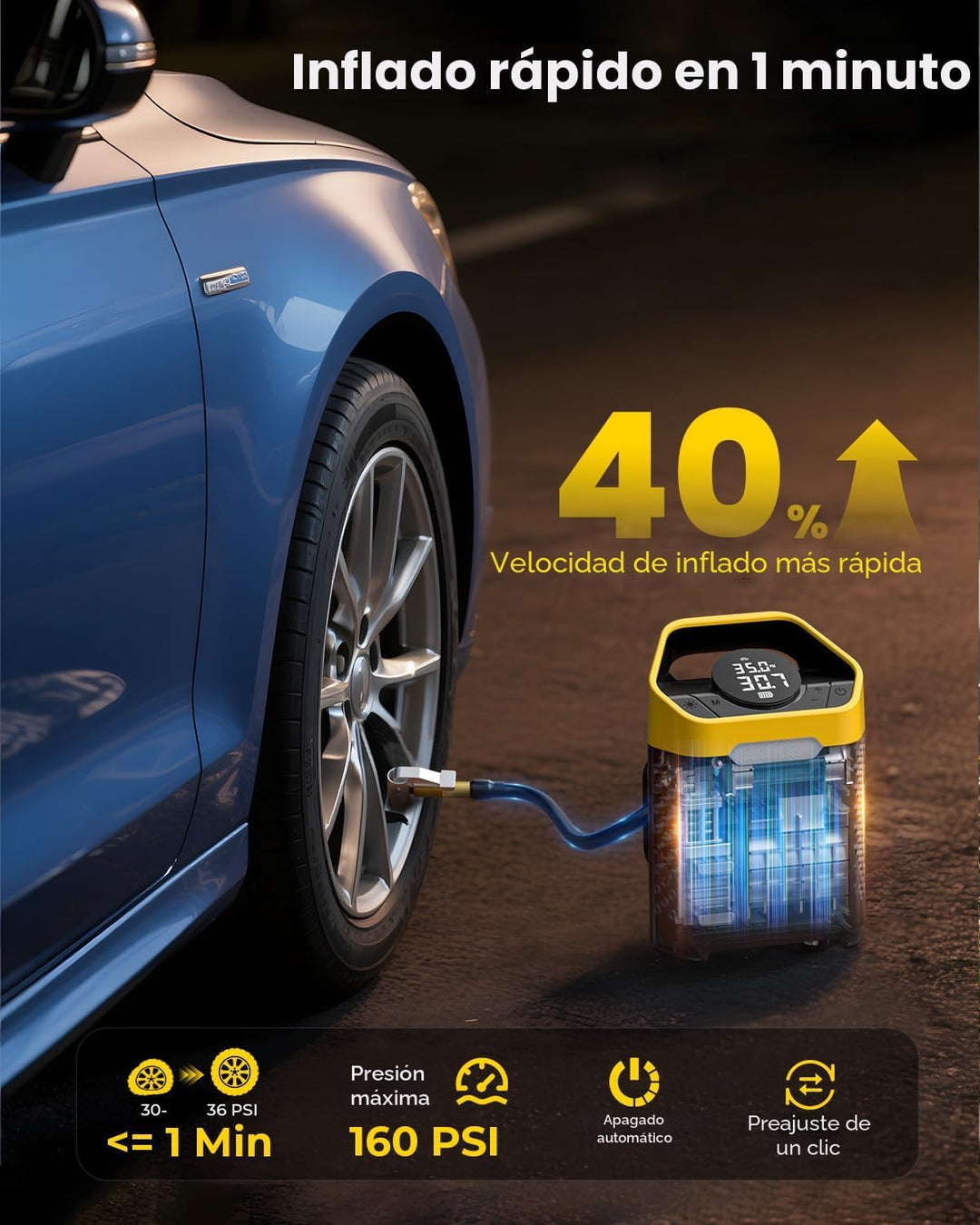 Compresor de Aire Portátil Inflador de Neumáticos de 160 PSI de Alt...