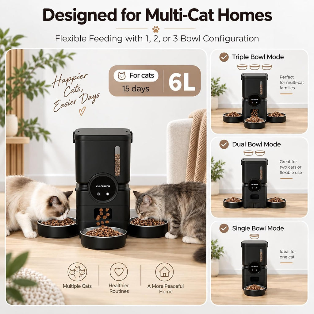 Alimentador automático para gatos para 3 gatos, dispensador de alimentación
