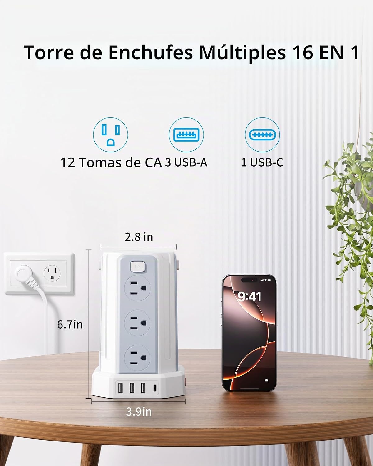 SMALLRT - Cable de extensión de 10 pies con 12 tomas de corriente alterna múltiples, 4 USB (1 USB C), estación de carga de escritorio SMALLRT para hogar, oficina, universidad, dormitorio esencial