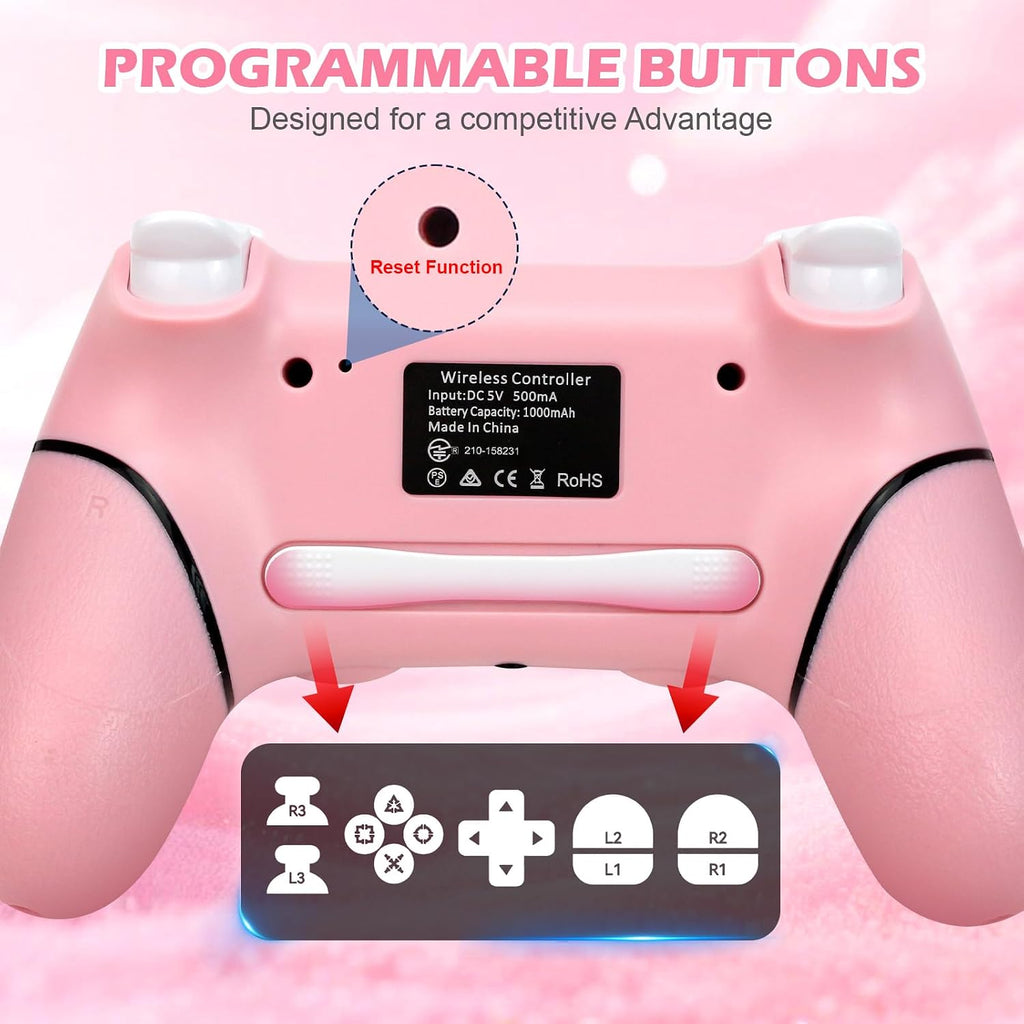Paquete de 2 controles para PS4 con tapones para joysticks, control inalámbrico con botones traseros programables para PS4/Pro/Slim/PC, batería de 1000mAh/vibración dual/joystick con efecto Hall/panel táctil/giroscopio de 6 ejes/entrada de 3.5 mm