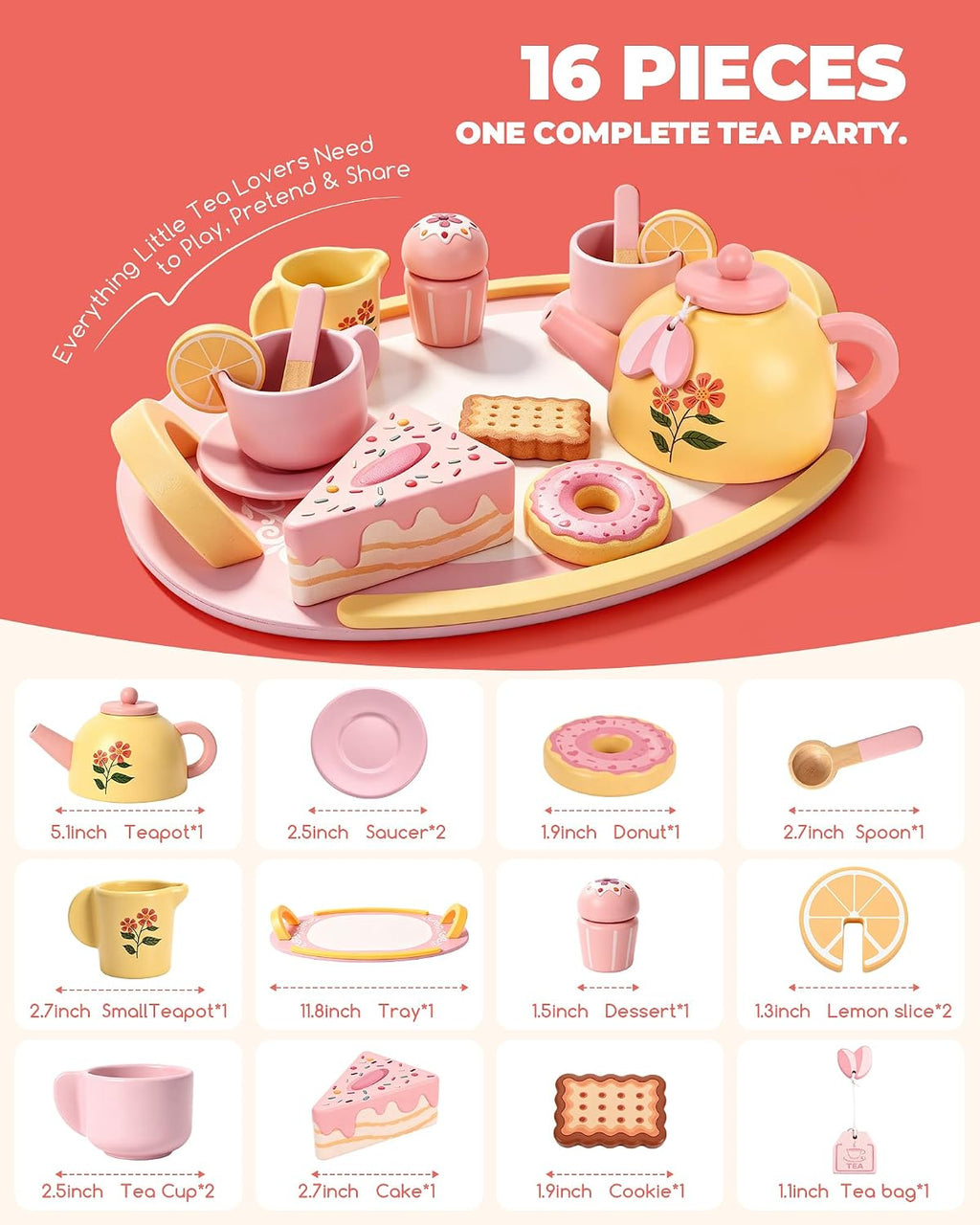Juego de té de madera para niñas pequeñas, juego de comida de simulación