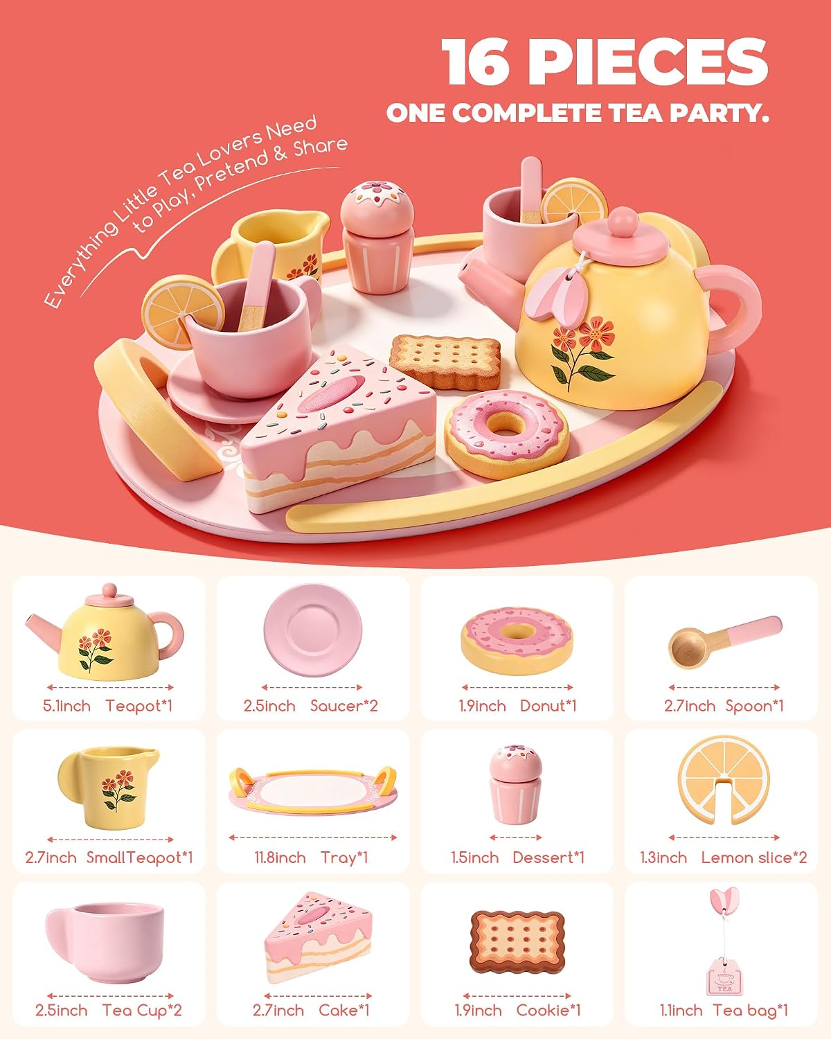 Juego de té de madera para niñas pequeñas, juego de comida de simulación
