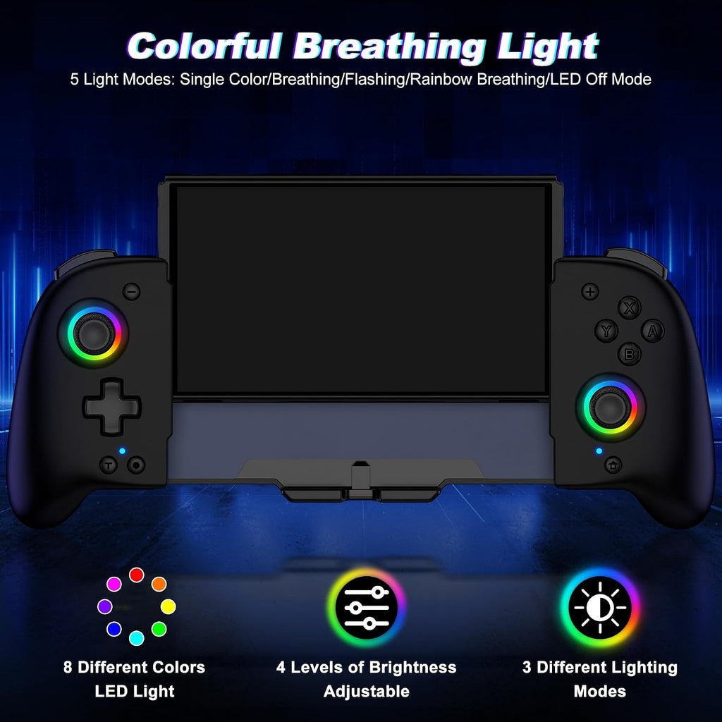 Gammeefy Control de Switch – Joysticks de Efecto Hall y agarre mejorado – Reemplazo de mando único para Switch Joypad con 8 iluminación RGB en color, Turbo, Macros - Negro, 6.2"/7"