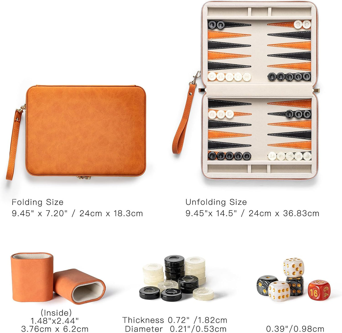 Juegos de backgammon para adultos y niños, tablero clásico de backgammon con dados de damas únicos, funda plegable de piel sintética de backgammon (naranja)