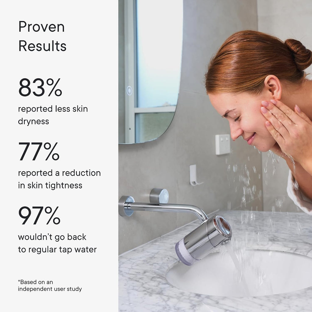 Qure Skincare - Grifo de agua con filtro para lavabo de baño, reduce el 99% de cloro y metales pesados, hidratación de la piel en 4 semanas, reduce la acumulación, equilibra el pH, piel y cabello más suaves, color plateado