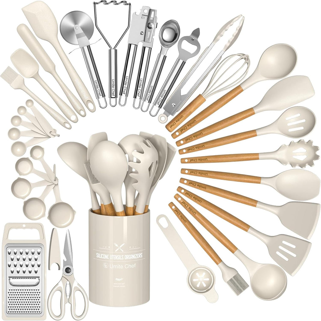 Umite Chef Juego de utensilios de cocina de silicona gruesa de grado alimenticio (núcleo de acero inoxidable) - Juego de utensilios de cocina de cocina, juego de herramientas de espátula de cocina