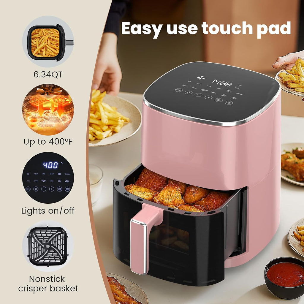 Sweetcrispy Freidora de aire de 6 cuartos con ventana, horno de freidora de aire cuadrado 12 en 1 para la familia, tecnología rápida de aire crujiente de 400 °F, deshidratación, cesta antiadherente y