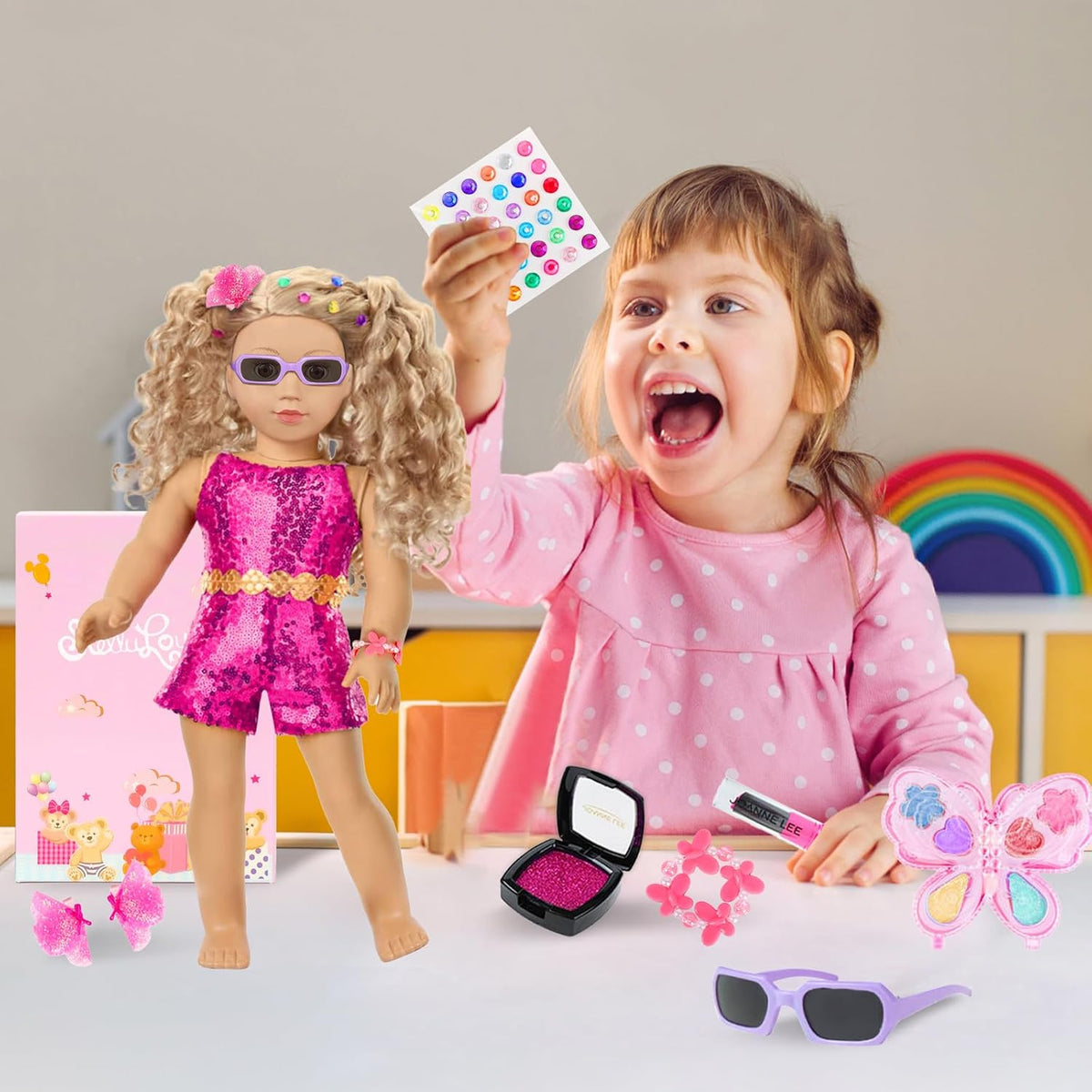 Juego de ropa de muñeca de 18 pulgadas y accesorios de maquillaje