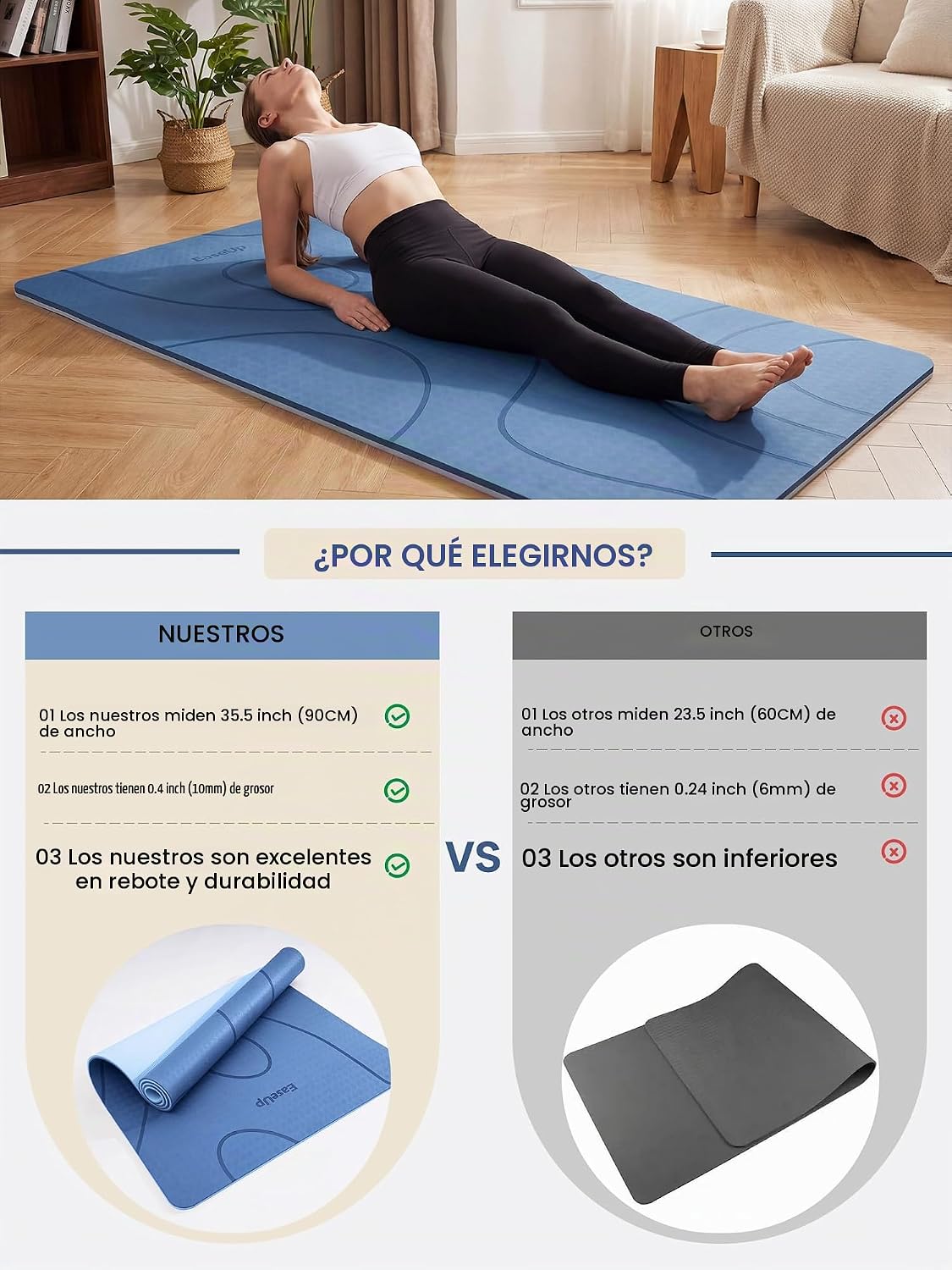 EaseUp Esterilla de yoga grande, 73 x 35.5 x 0.4 pies, extra gruesa y ancha, alfombrilla de pilates de 0.394 in, alfombrilla de ejercicio antideslizante, alfombrillas de entrenamiento para gimnasio en