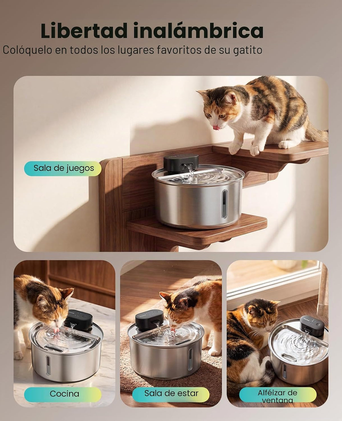 oneisall Fuente de agua inalámbrica de acero inoxidable para gatos de 108