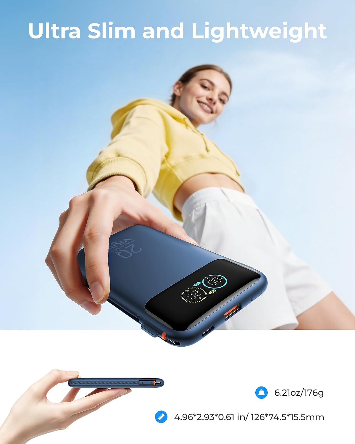 VIYISI Pequeño cargador portátil del banco del poder delgado 10000mAh, Azul marino