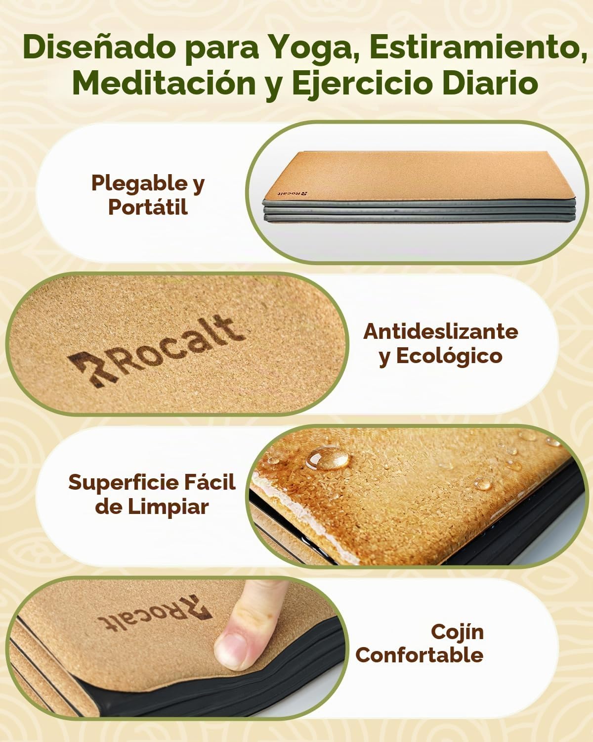 Rocalt Esterilla de yoga plegable de corcho, 0.197 in, antideslizante, 69 x