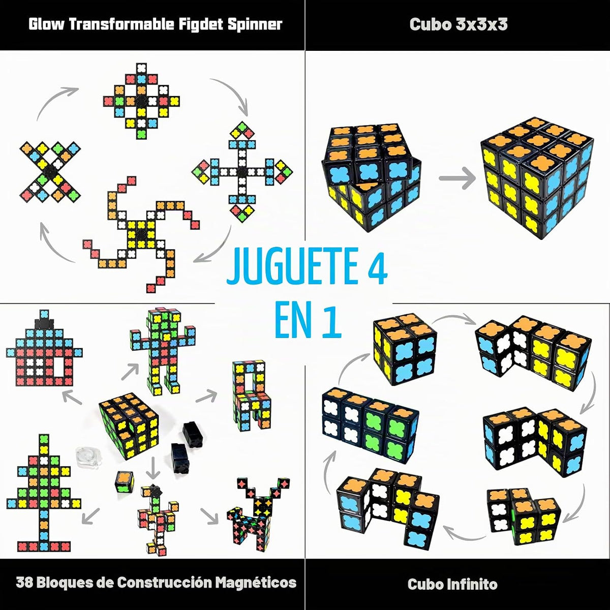Gyro Antiestrés Magnético Mini-38 Bloques, Cubo Magnético Brilla 4 en 1 Juguete