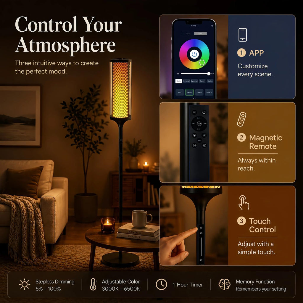 Lámpara Lámpara de pie RGBIC moderna con pantalla de cristal, aplicación y