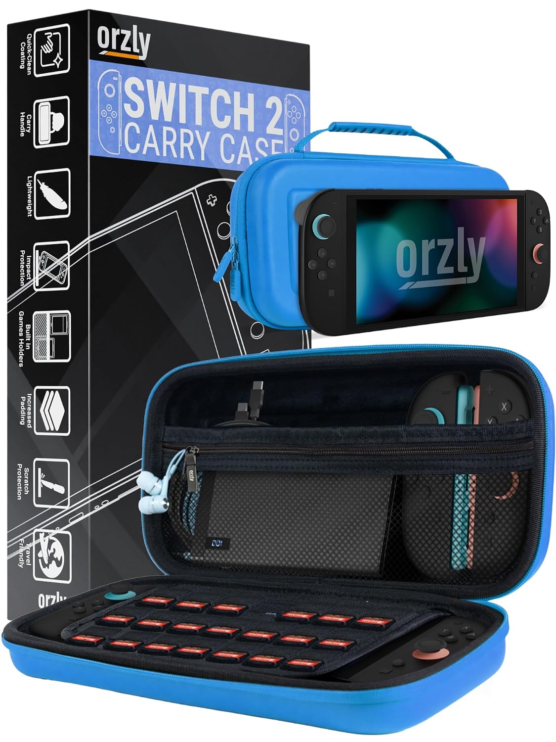 Orzly Funda compatible con Nintendo Switch 2 – Funda protectora de transporte de viaje con acolchado de pantalla, tarjetas de juego y ranuras para microSD, bolsillos con cremallera y abiertos para accesorios – 7.9 pulgadas en caja de regalo